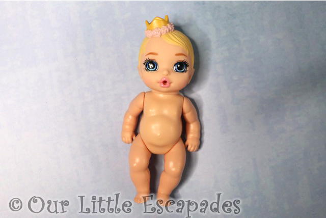 baby blonde hair blue eyes small gold crown pink roses baby born surprise series 4