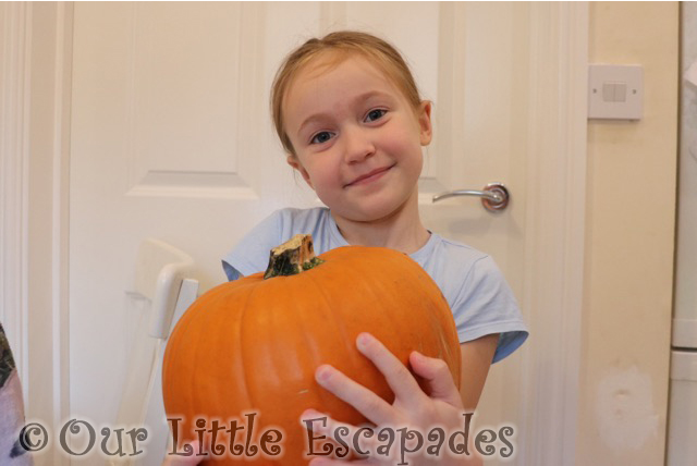 little e holding pumpkin