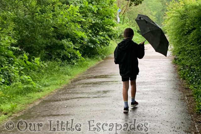 ethan holding umbrella rainy day school run