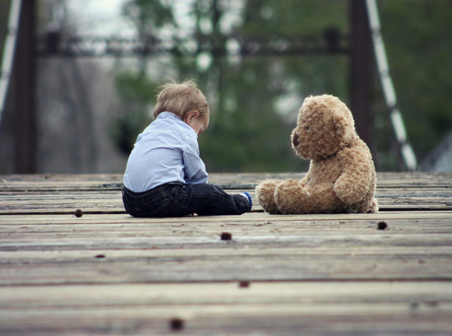 boy sitting with brown bear plush toy